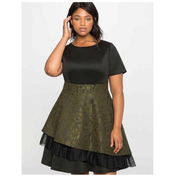 Eloquii Studio Black&Green Brocade Lace Fit&Flare Midi Dress Sz.24W NWT - Picture 2 of 16